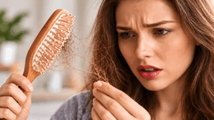 Concerned woman examining shed hair caught in a wooden hairbrush, illustrating signs of hair loss in women