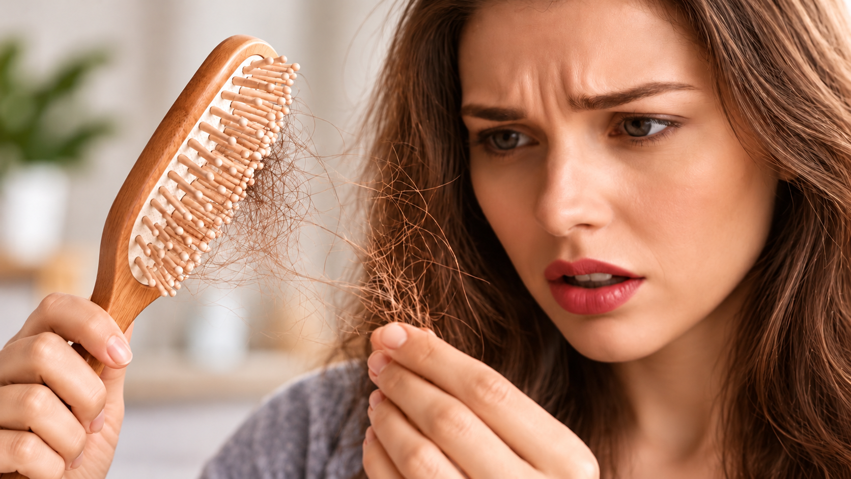 Woman examining shed hair caught in a wooden hairbrush